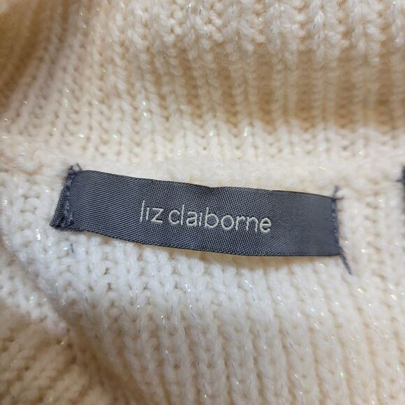 Liz Claiborne Winter White Metallic Knit Pointelle Wool Blend Cowl Neck Sweater - Picture 8 of 12